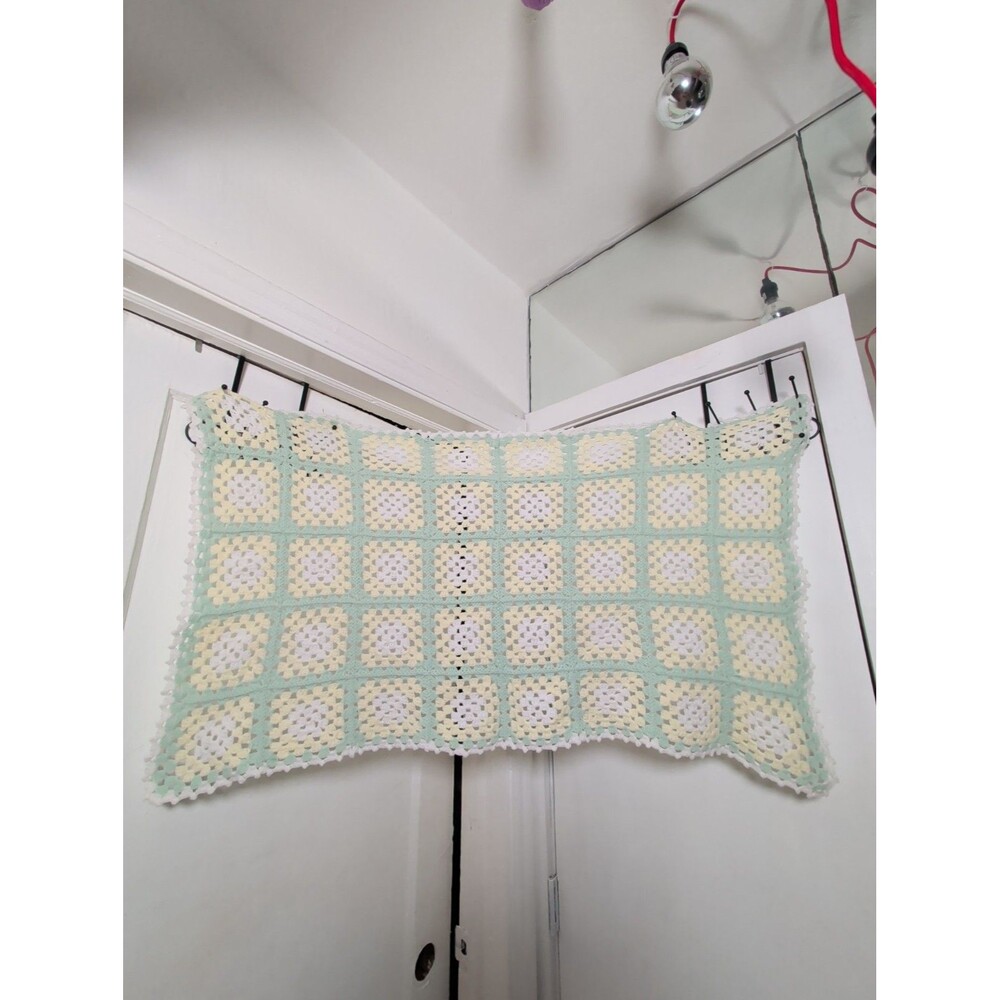 Handmade Crochet Granny Square Baby Blanket 40x23 Mint Yellow White Vintage...